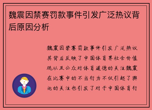 魏震因禁赛罚款事件引发广泛热议背后原因分析