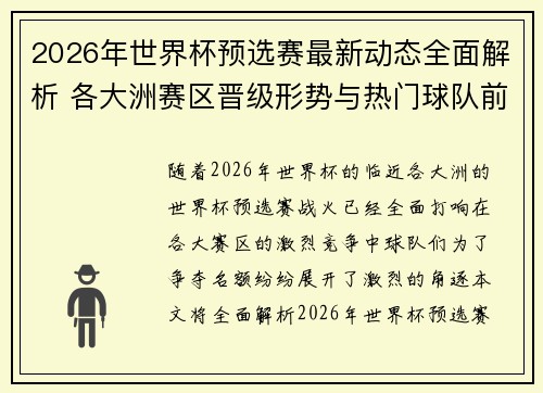 2026年世界杯预选赛最新动态全面解析 各大洲赛区晋级形势与热门球队前景