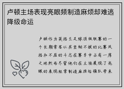 卢顿主场表现亮眼频制造麻烦却难逃降级命运 卢顿主场表现亮眼频制造麻烦却难逃降级命运