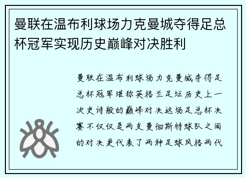 曼联在温布利球场力克曼城夺得足总杯冠军实现历史巅峰对决胜利
