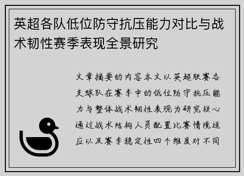 英超各队低位防守抗压能力对比与战术韧性赛季表现全景研究